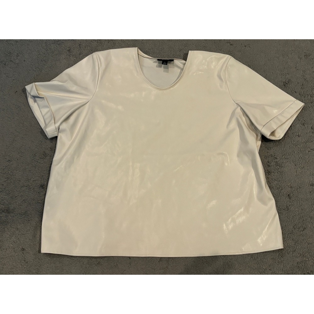 Alfani Womens XL Cream Faux Leather Short Sleeve Scoop Neck Blouse Top Cuffed